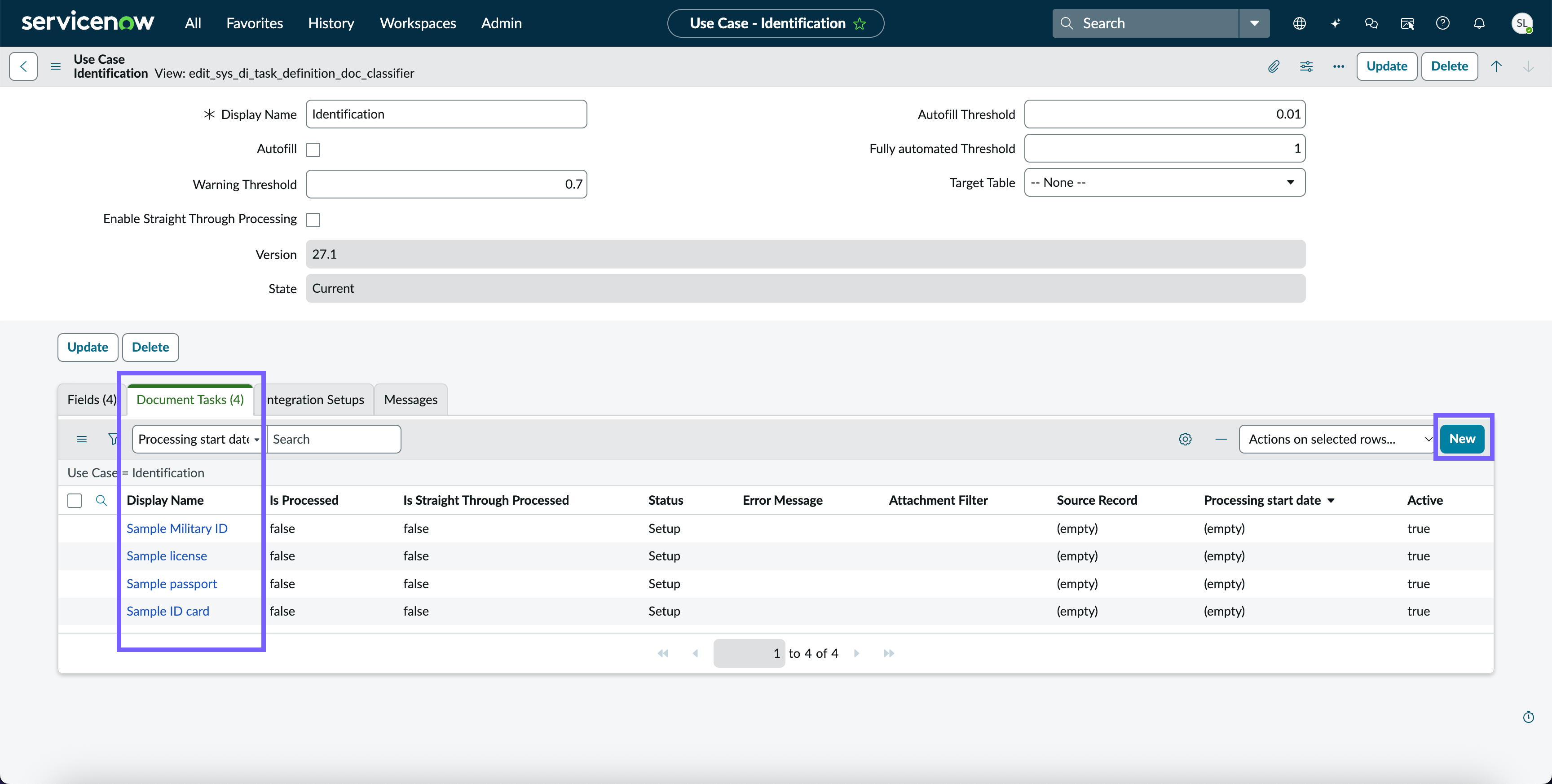 Document classification use case showing document tasks created to train the model.