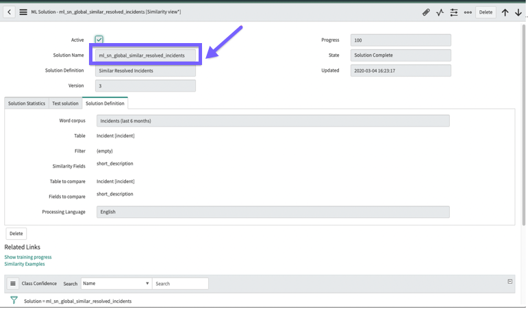 The ML solution form with details. The Solution Name highlighted here is the same as the one you selected in the previous image.