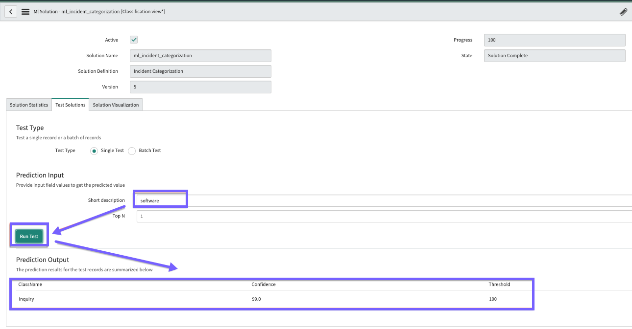 How to test the prediction output for the records you used as input to the prediction by entering values from the input fields, such as the Short Description