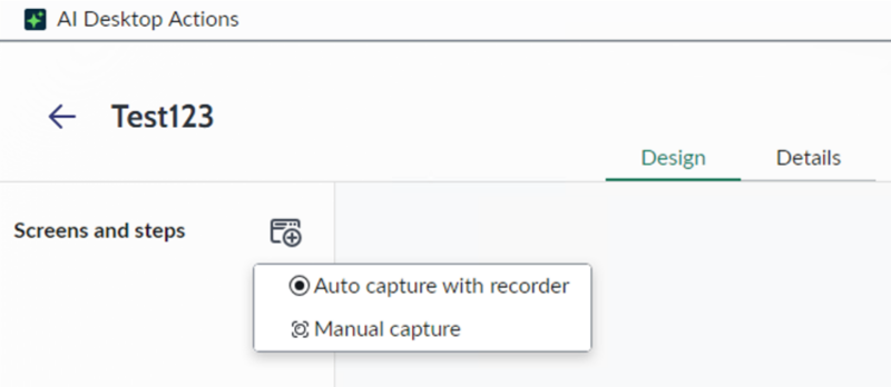 Design workspace displaying two options: Auto-capture steps and Manual capture screens.