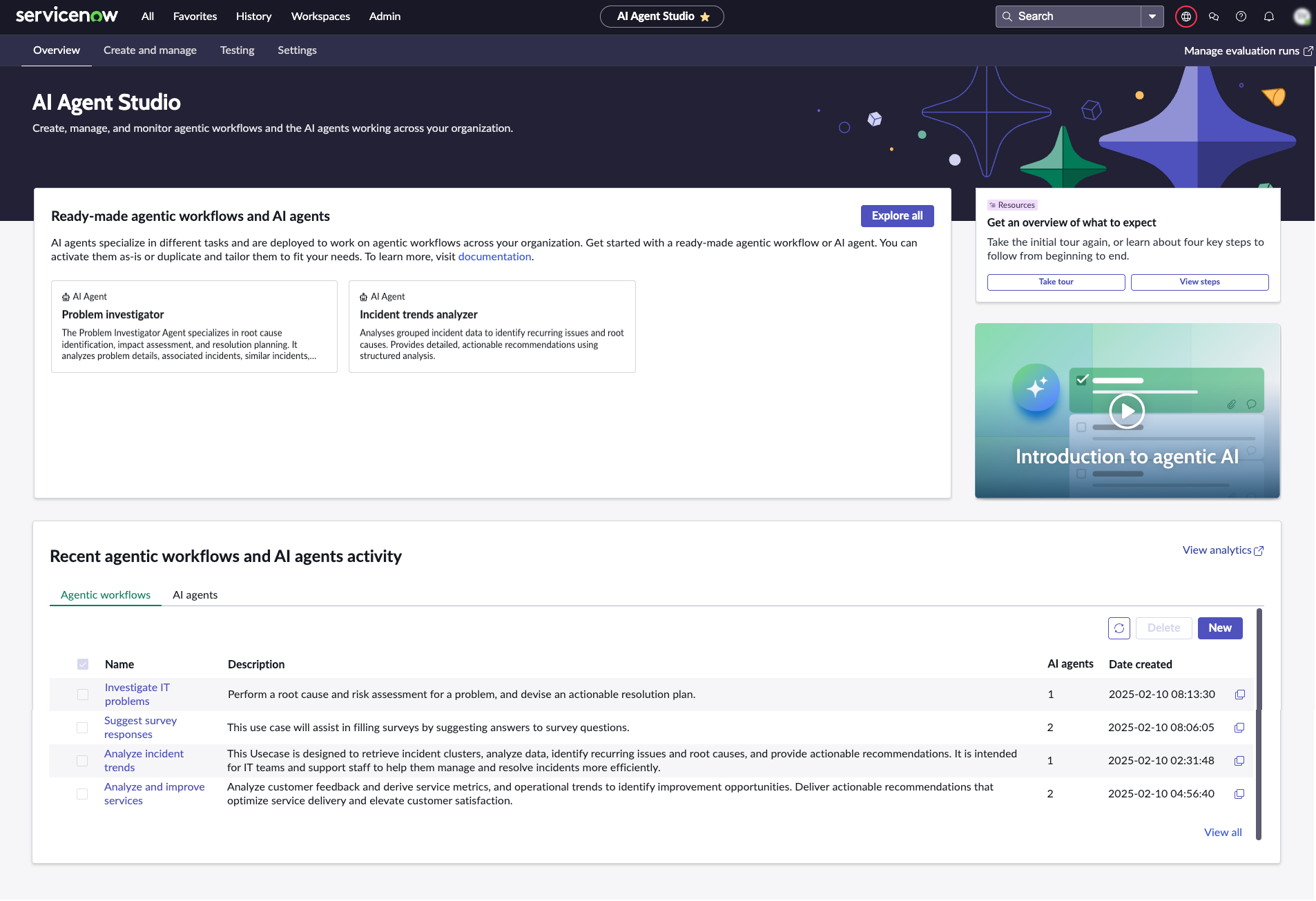 AI Agent Studio overview page.