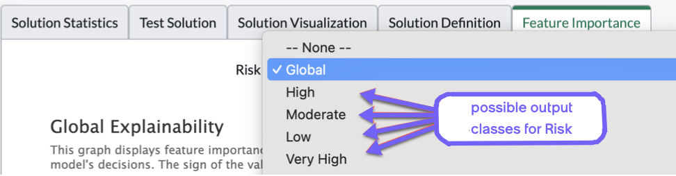 On the Feature Importance tab, the drop-down list containing the range of possible classes for the output field.