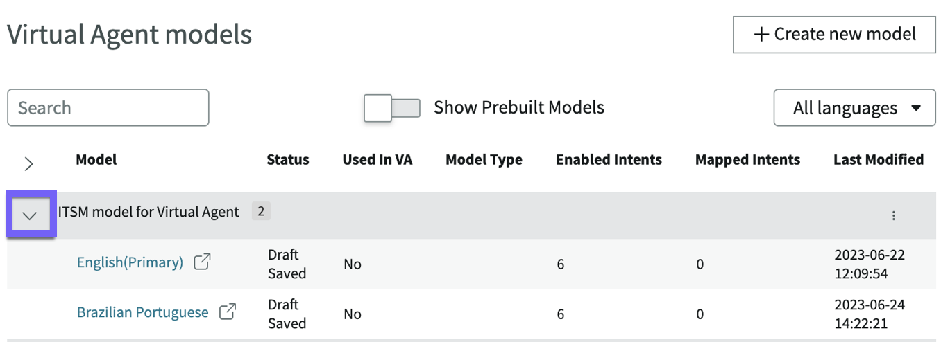 On the NLU Workbench homepage, VA tab, one grouped model is expanded to show two different languages.
