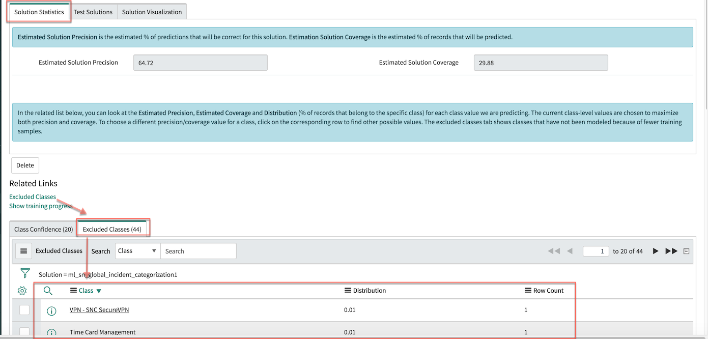 Any classes that were excluded from your solution training are listed in the Solution Statistics section of your trained solution's ML Solution form.