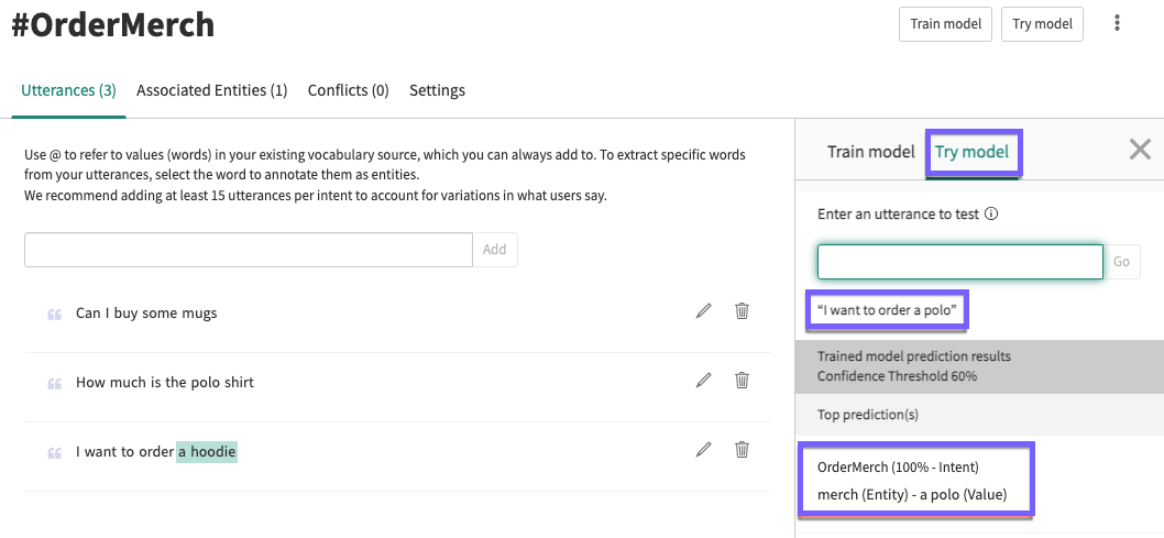 Utterances tab of the Intent details page with the Try model panel open. Try your model after training it to see if your new entity works.