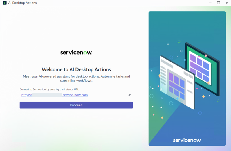Agentic Desktop login screen for entering ServiceNow instance URL.