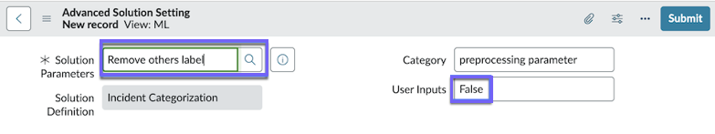 On the Advanced Solution Setting form, in the Solution Parameters field, Remove others label is selected.