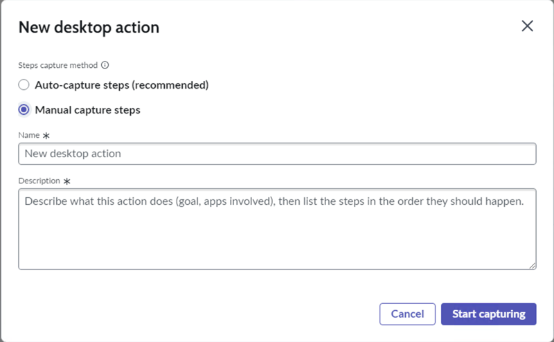 New desktop action window with manual capture option selected and fields to enter name and description for the desktop action.