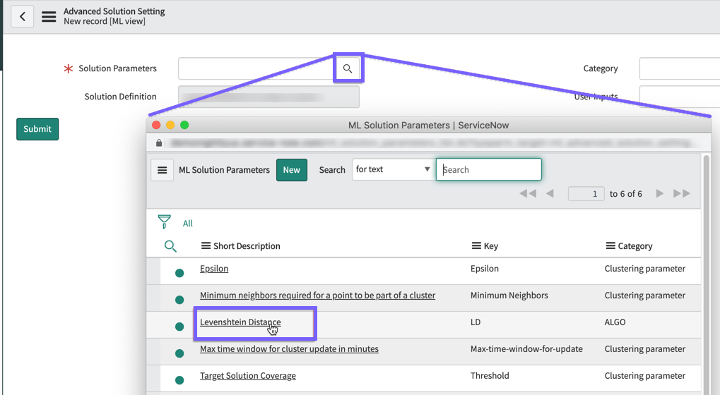 How to create the parameter record by selecting the Search button, and then selecting the Levenshtein Distance key's Short Description.