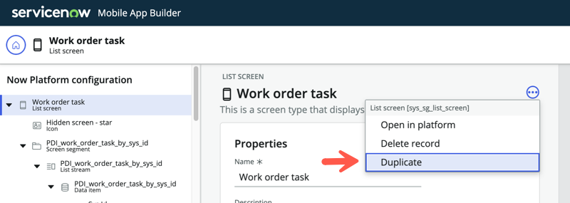 Mobile App Builder affichant le menu « Dupliquer ».