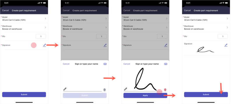 Entrées de signature dans un écran du formulaire d’entrée sur un équipement mobile.