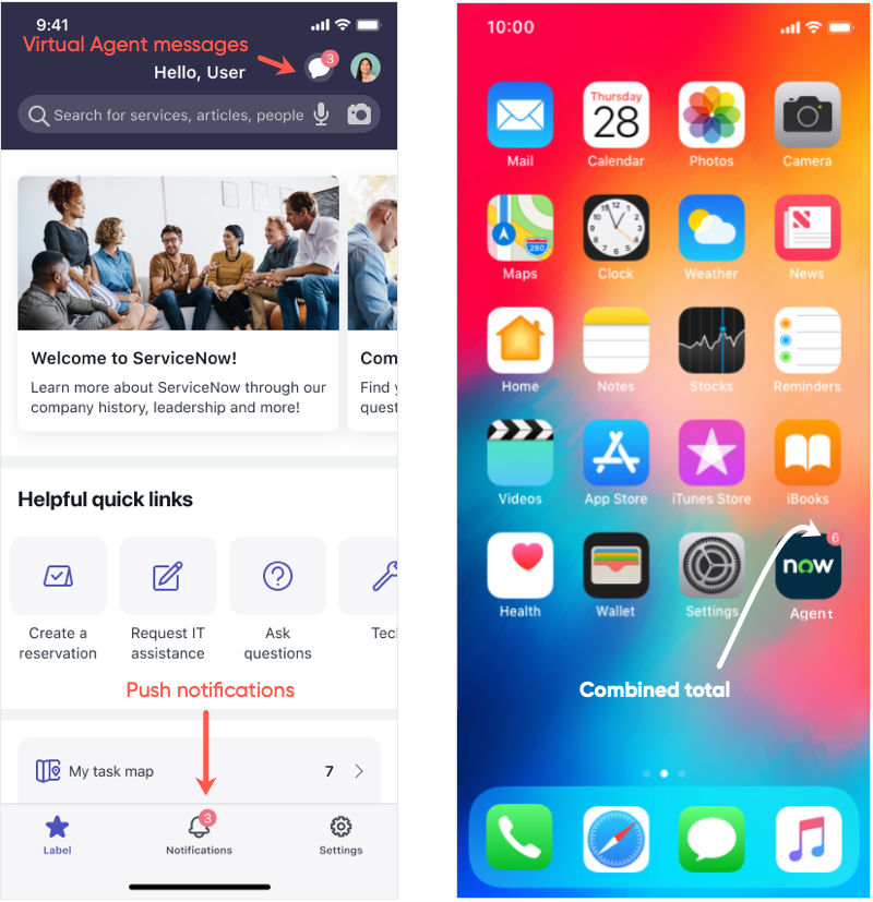 Montre comment Agent virtuel les messages et les notifications push sont combinés pour produire un nombre total de notifications sur le badge de notification de l’application mobile ServiceNow.