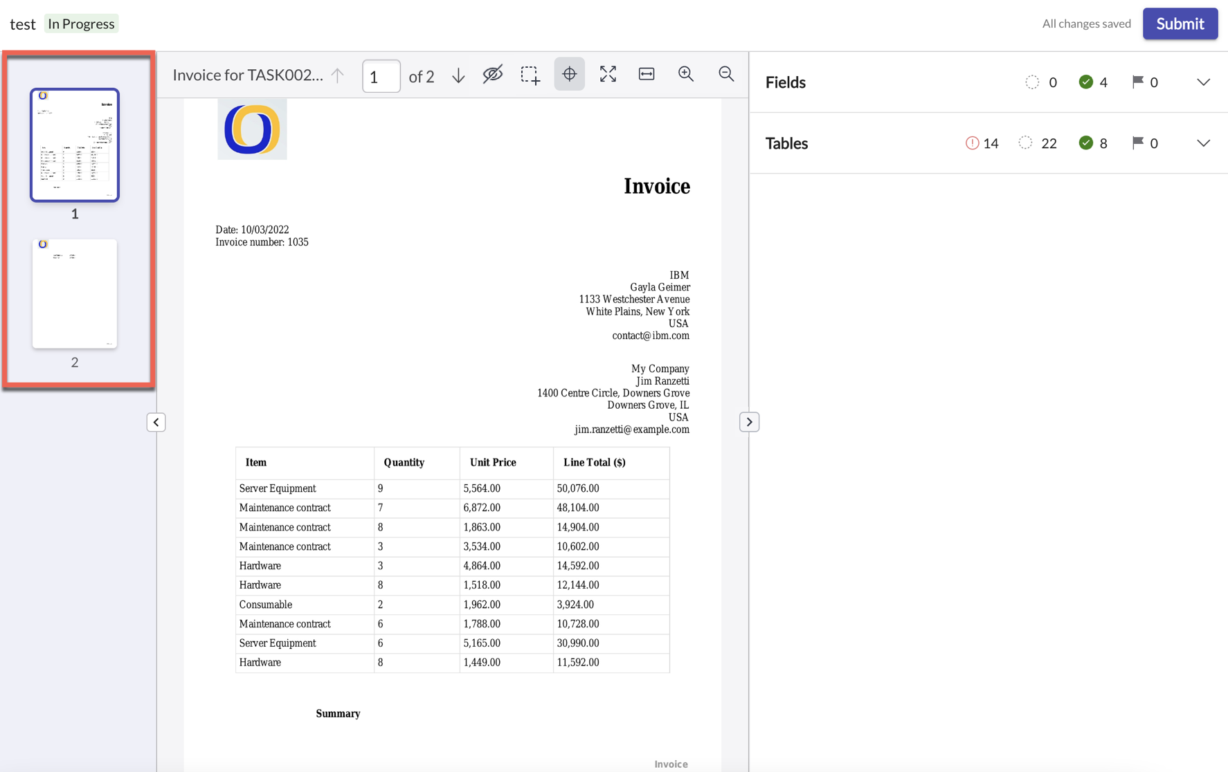 Document Intelligence -Arbeitsbereich mit mehreren Seiten in der Miniaturansicht.