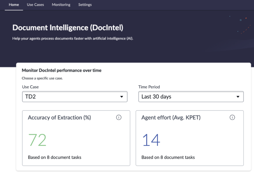 Überwachen Sie die Leistung von DocIntel im Laufe der Zeit in der Admin-Experience von DocIntel.