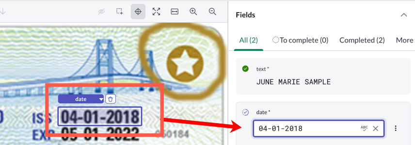 Auf das Dokument gezeichnetes Feld, um den Datumsfeldwert zu extrahieren.