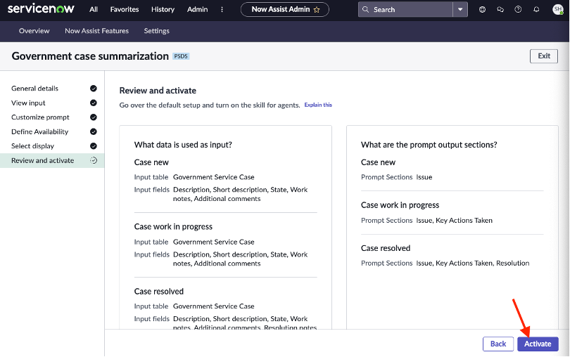 Modal showing Activate option for the government case summarization skill