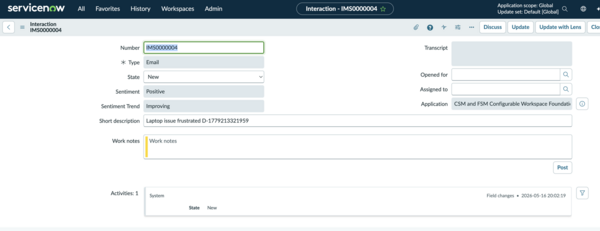 Interaction form for an email record in New state, showing a Positive sentiment and Improving sentiment trend.