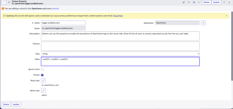 Configure sn_openframe_logger_enabled_users