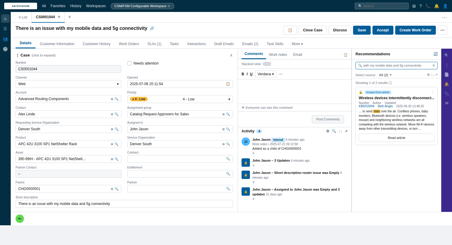 The CSM default record page provides agents with an overview of case record details and the activity stream. It also provides access to multiple features in the contextual side panel.