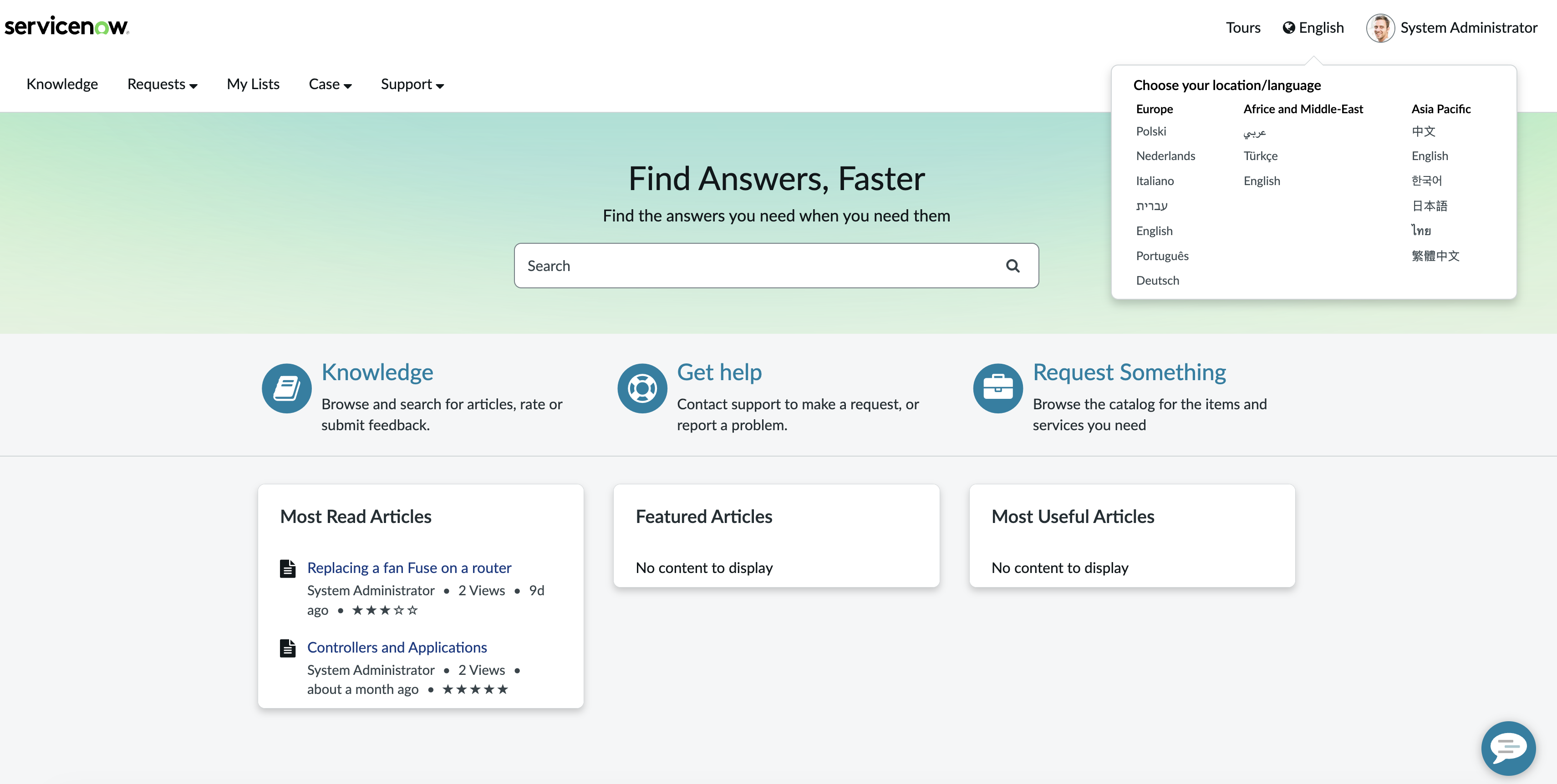 Language selector widget with languages in an ascending order without region grouping.