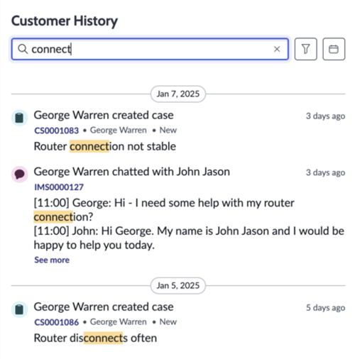 Customer History component with search bar, filter, and facets