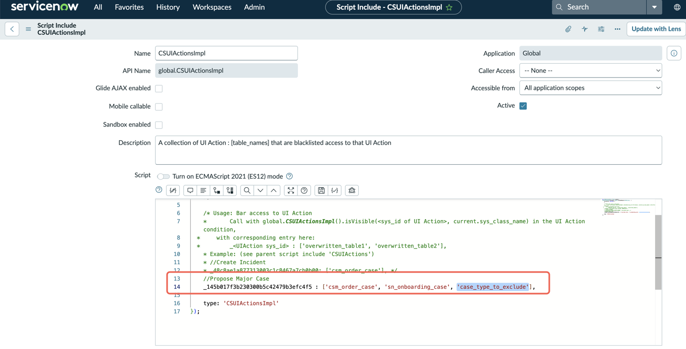 CSUIActions script include record