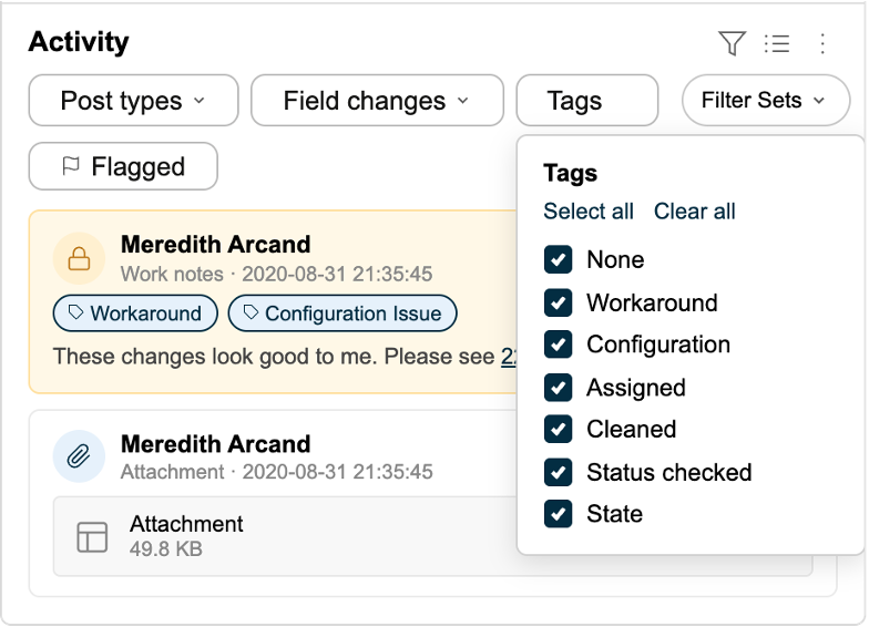 Filter the activity stream by selecting tags from the Tags dropdown menu