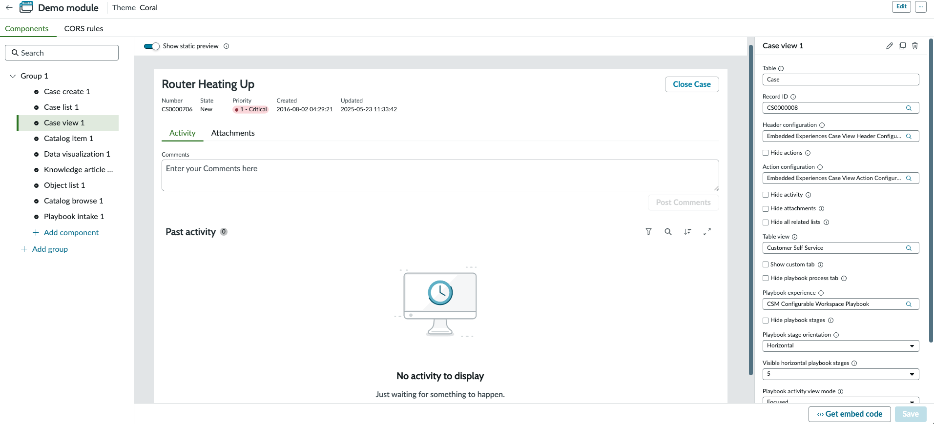 Case view component instance displaying case-related activities in the Preview tab.