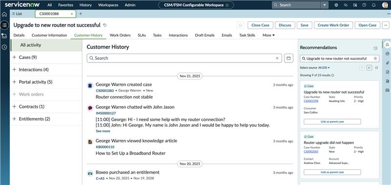 Agent Workspace displaying activity types in Customer History view. In this example, cases are highlighted on the Customer History tab.