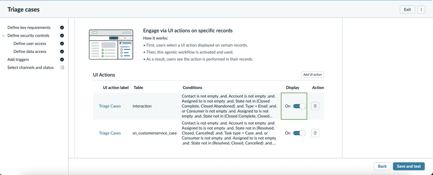 Add triggers page showing Triage Cases UI actions with display toggles and configuration options.