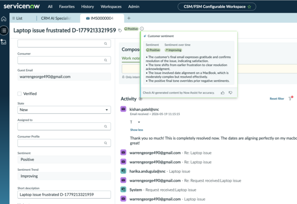 CSM Configurable Workspace form view for an interaction,showing a Closed Complete chat with a negative sentiment badge