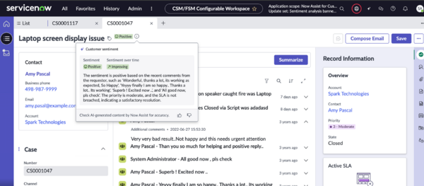 Sentiment analysis case form view that displays the reasons for the sentiment