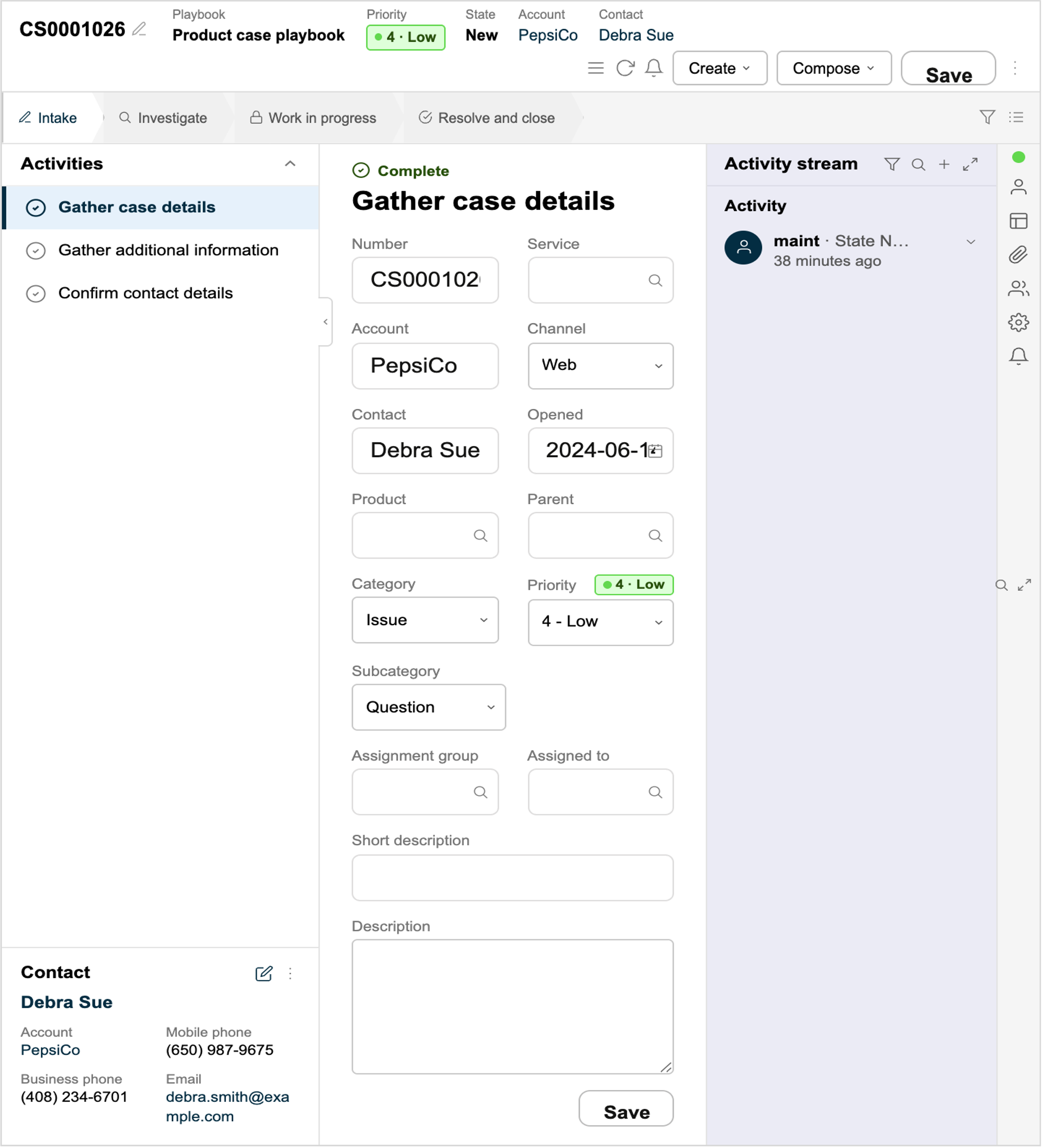 Case playbook: horizontal stages page template with a stage picker that displays across the top of the user interface