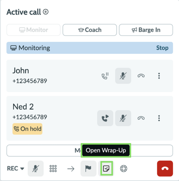 Agents can select the Open Wrap-Up icon to initiate the wrap-up process during an active call.