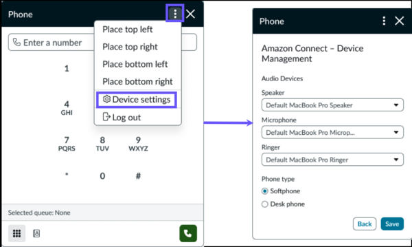 Use the Device settings option to update the audio device settings