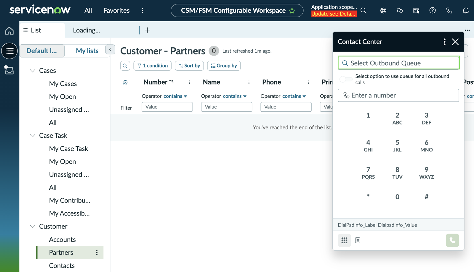 Contact Center panel in CSM/FSM Configurable Workspace showing the Select Outbound Queue search field above a dial pad