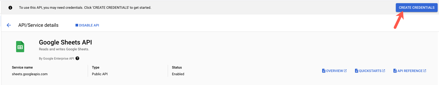 Google Sheets API에 대한 자격 증명 버튼을 클릭합니다.