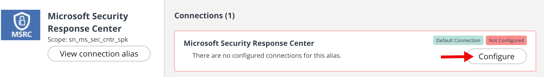 Microsoft Security Center 스포크 연결 기록을 구성하는 구성 버튼입니다.