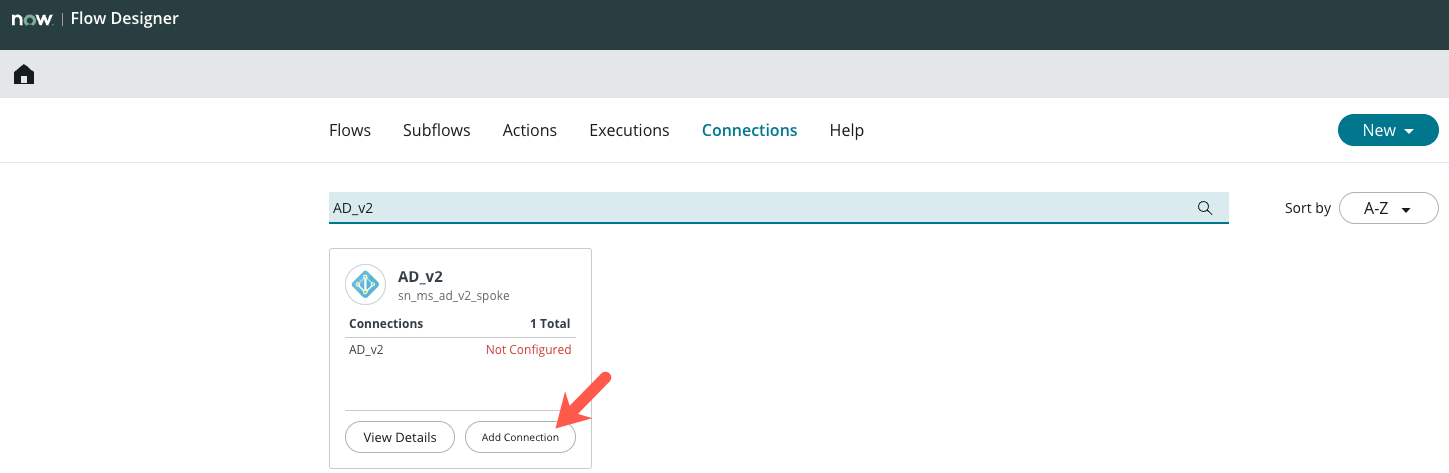 Microsoft Active Directory v2에 대한 연결 및 자격 증명을 추가합니다.
