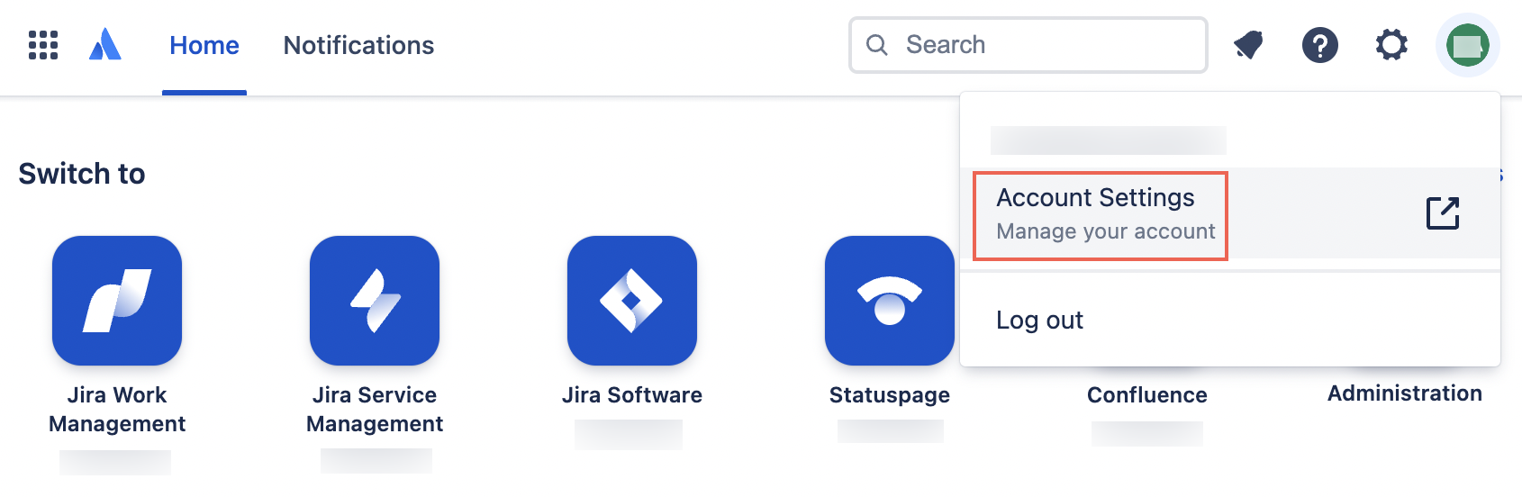 선택한 프로필 사진의 드롭다운 메뉴가 있는 Atlassian 시작 페이지입니다. 계정 설정 옵션이 강조되었습니다.