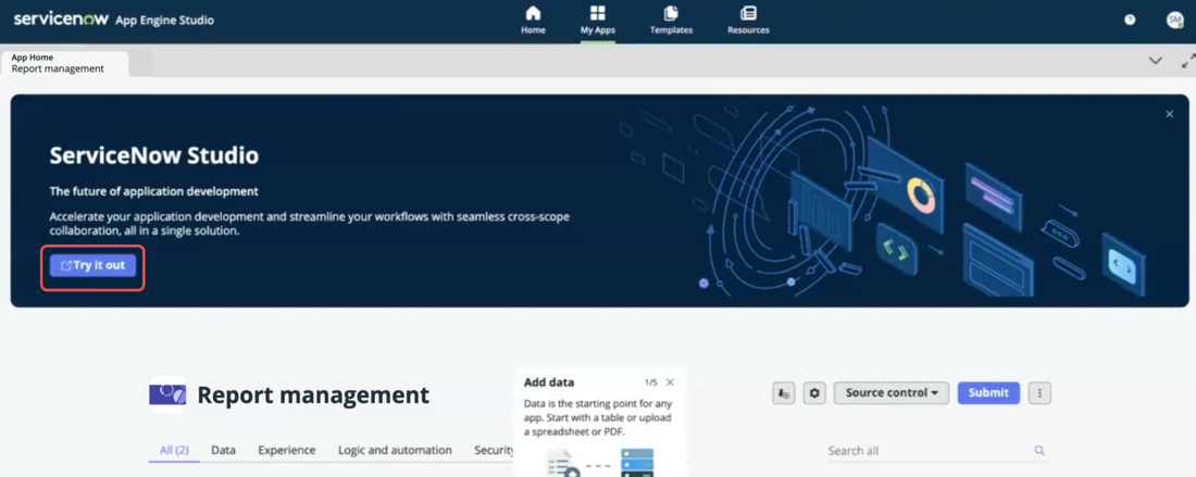 고급 앱 개발 경험을 위해 ServiceNow 스튜디오에서 앱을 열고 편집해 보십시오.