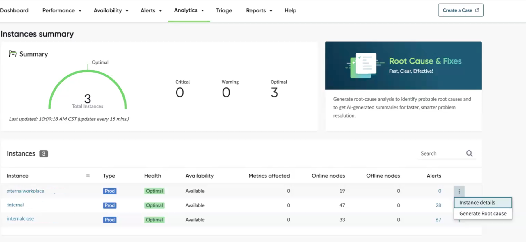 Instances summary in Analytics page.
