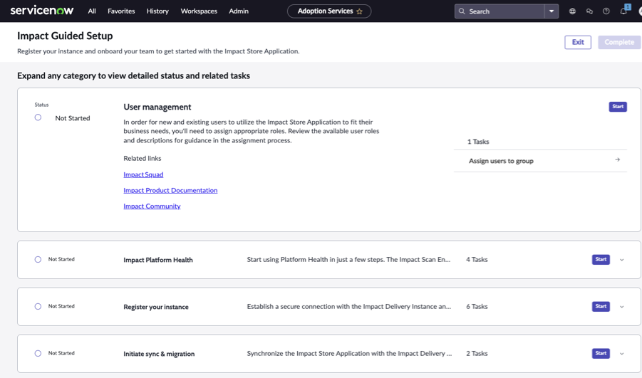 The Impact Guided Setup screen with the different activities to select to configure that option.
