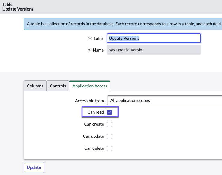 The Table updated versions page with the Application Access tab and the Can read check box selected.