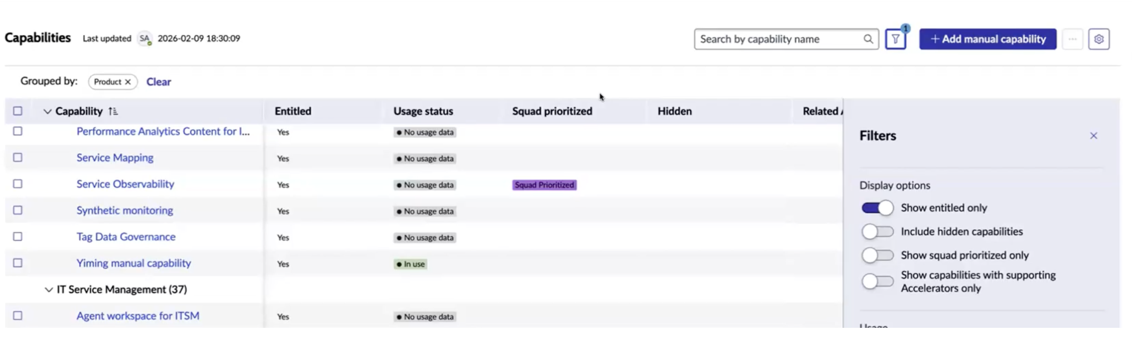 テーブルに表示したくない 1 つ以上のケイパビリティを非表示にする。