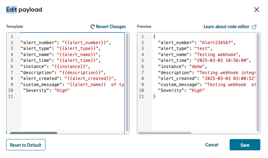 Edit payload for default payload + custom parameters.
