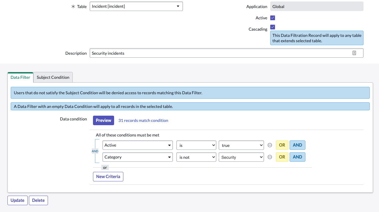 Data filtration rule for security incidents