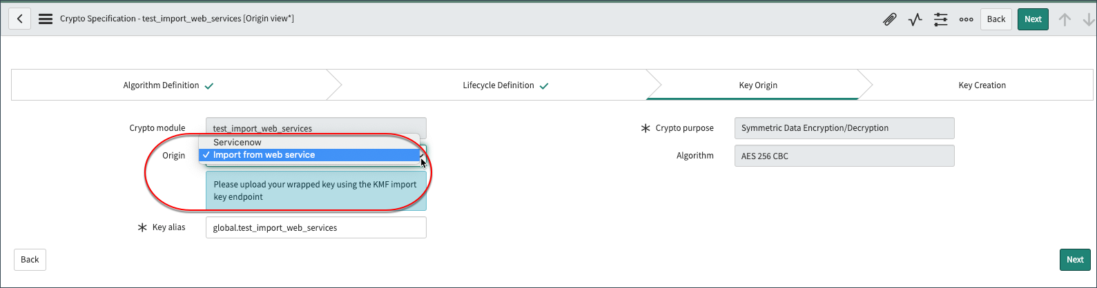Key origin selected as import from web service.