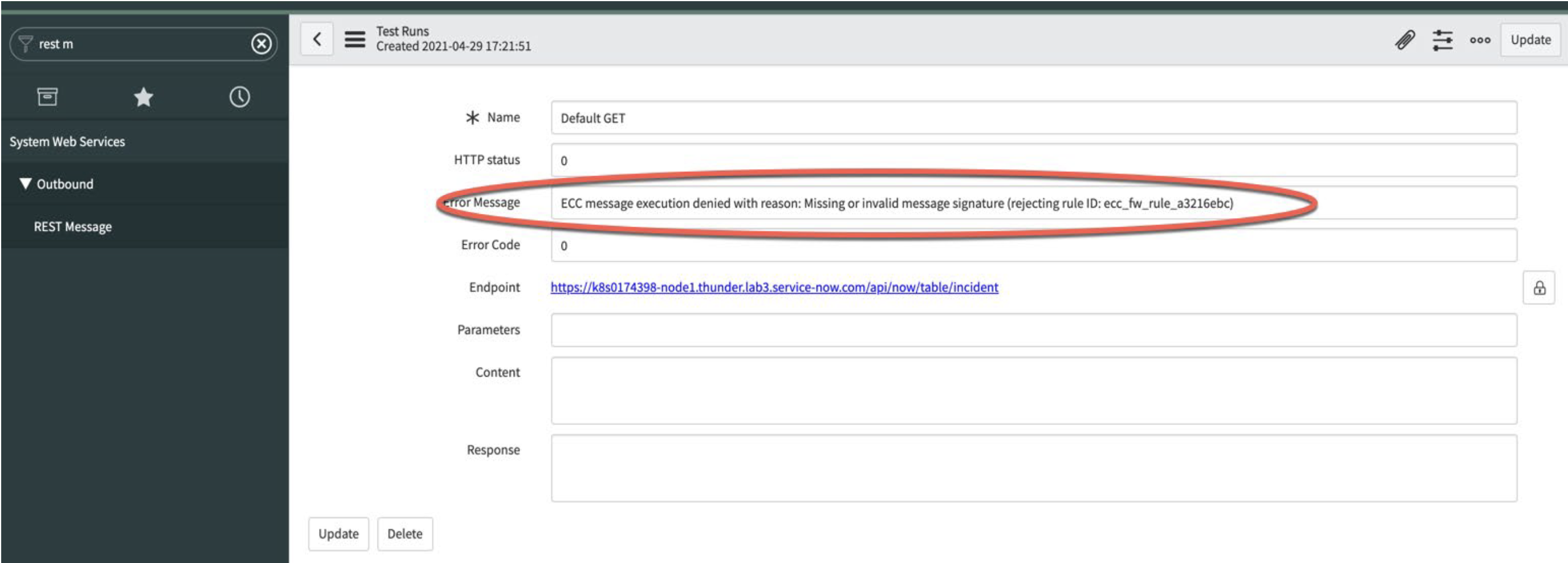REST message signature validation failure.