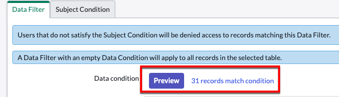 Data filter showing matching records